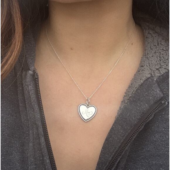 Tiffany & Co. Sterling Silver Beaded MOM Heart Charm Pendant Necklace 16” - Picture 1 of 9